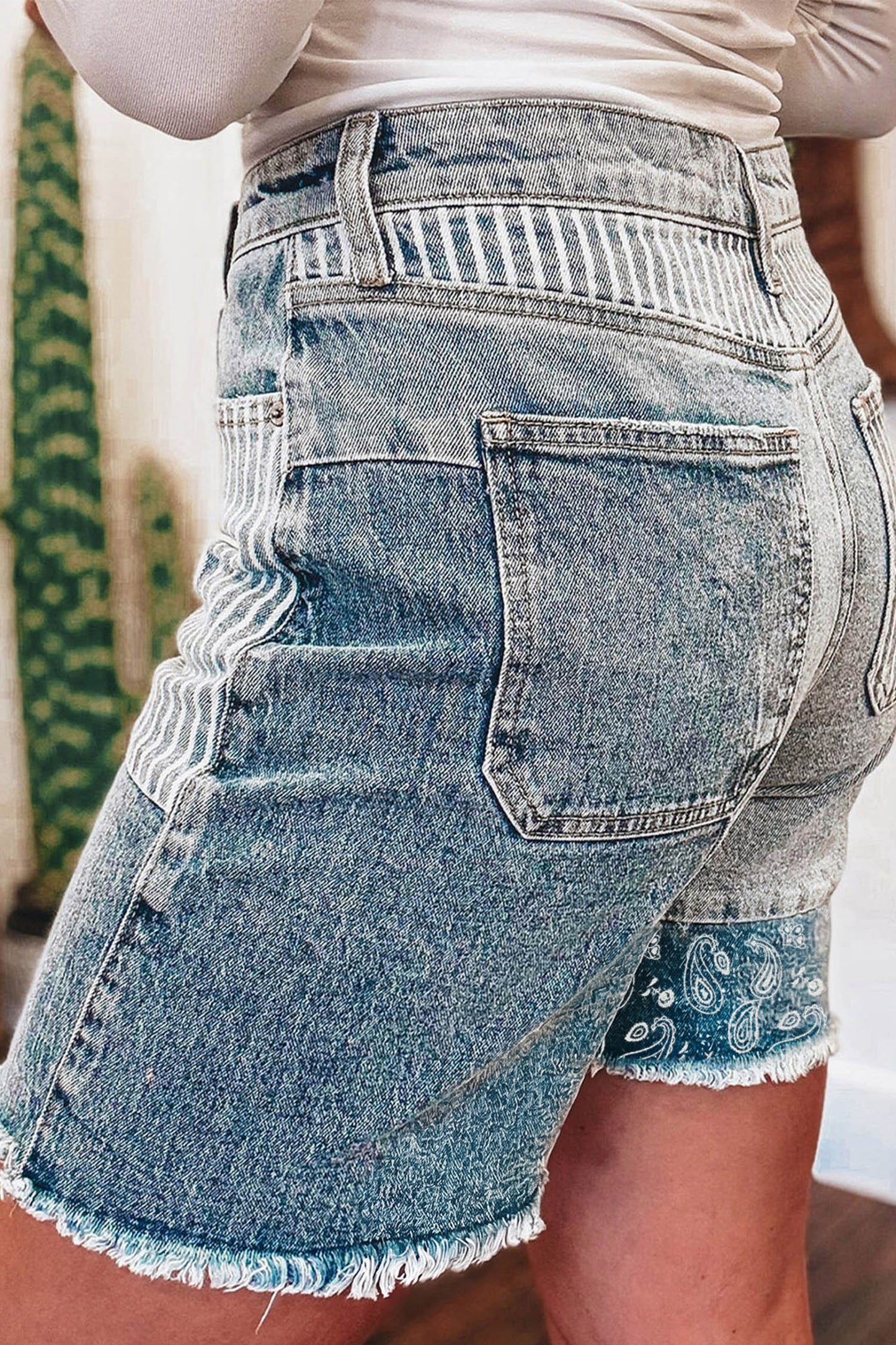Sky Blue Striped Paisley Mixed Patchwork Raw Hem Denim Shorts