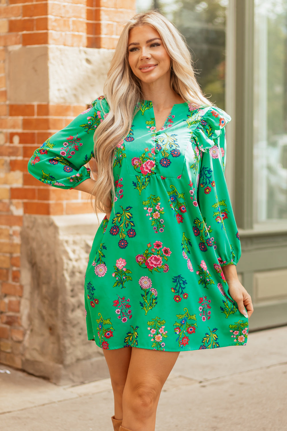 Green Floral Ruffled Three Quarter Sleeve Buttoned Mini Dress-TOPS / DRESSES-[Adult]-[Female]-2022 Online Blue Zone Planet