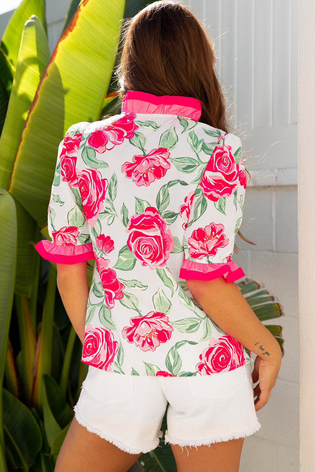 Rose Floral Frilled V Neck Short Sleeve Blouse Top-Tops/Blouses & Shirts-[Adult]-[Female]-2022 Online Blue Zone Planet