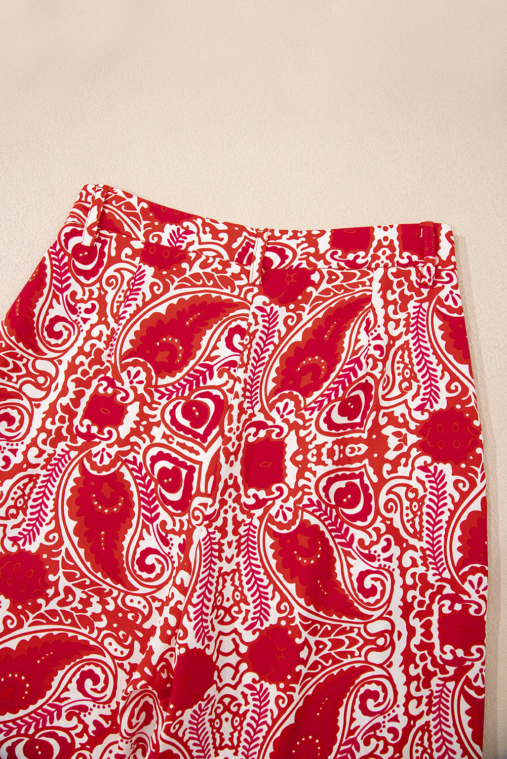 Blue Zone Planet | Red Paisley Printed Buttoned High Waist Straight Leg Pants-Bottoms/Pants & Culotte-[Adult]-[Female]-2022 Online Blue Zone Planet
