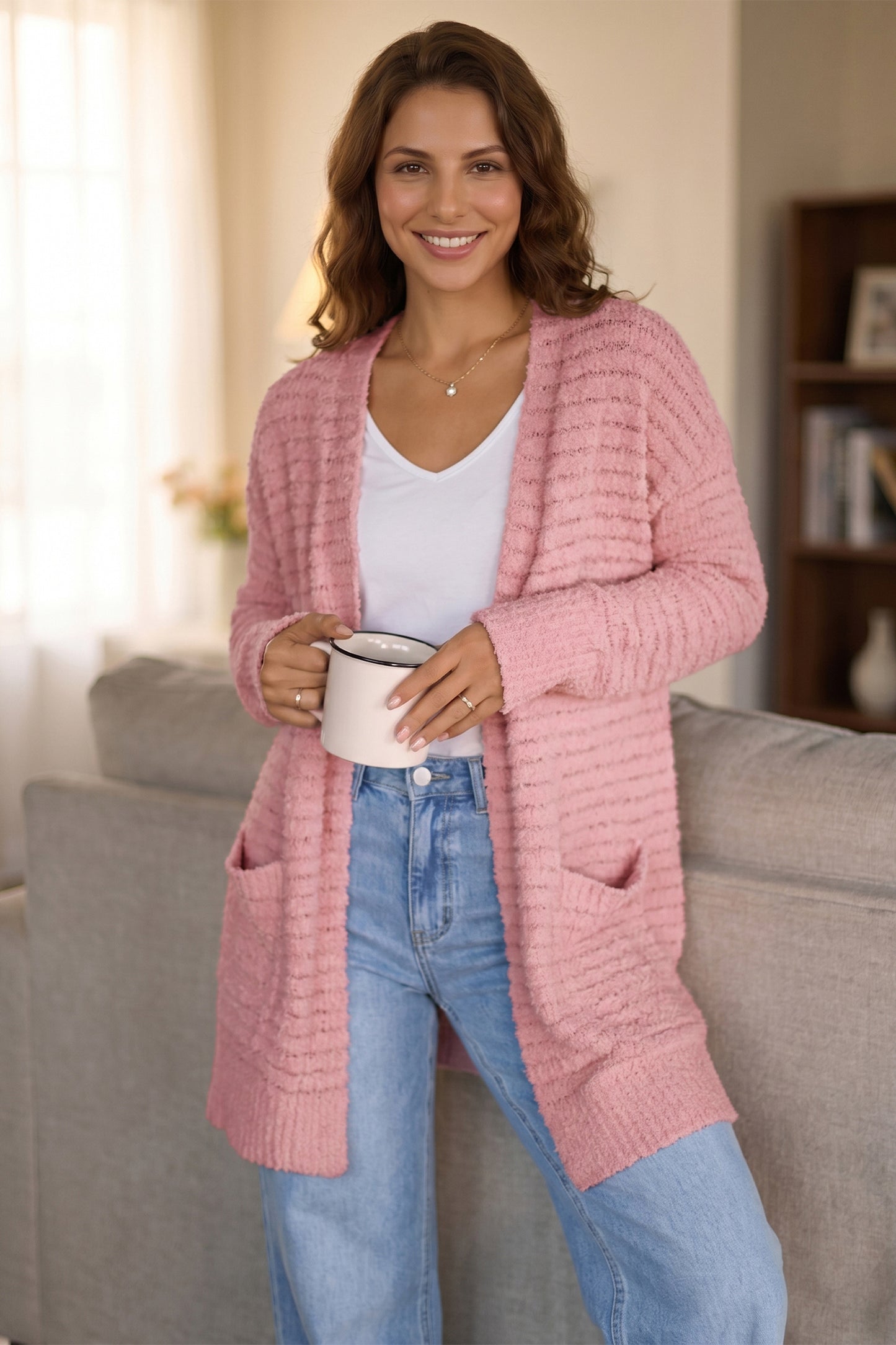 Light Pink Open Front Soft Fuzzy Ribbed Sweater Cardigan-Sweaters & Cardigans/Cardigans-[Adult]-[Female]-2022 Online Blue Zone Planet