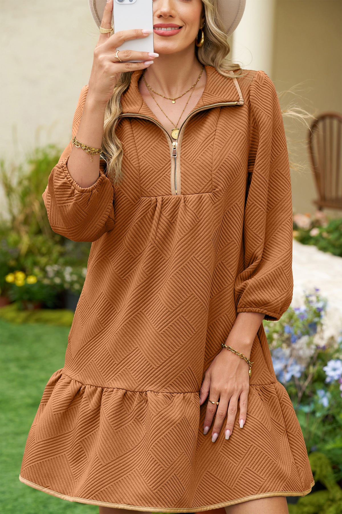 Desert Gold  Quarter Zip Collar Bracelet Sleeve Textured Mini Dress