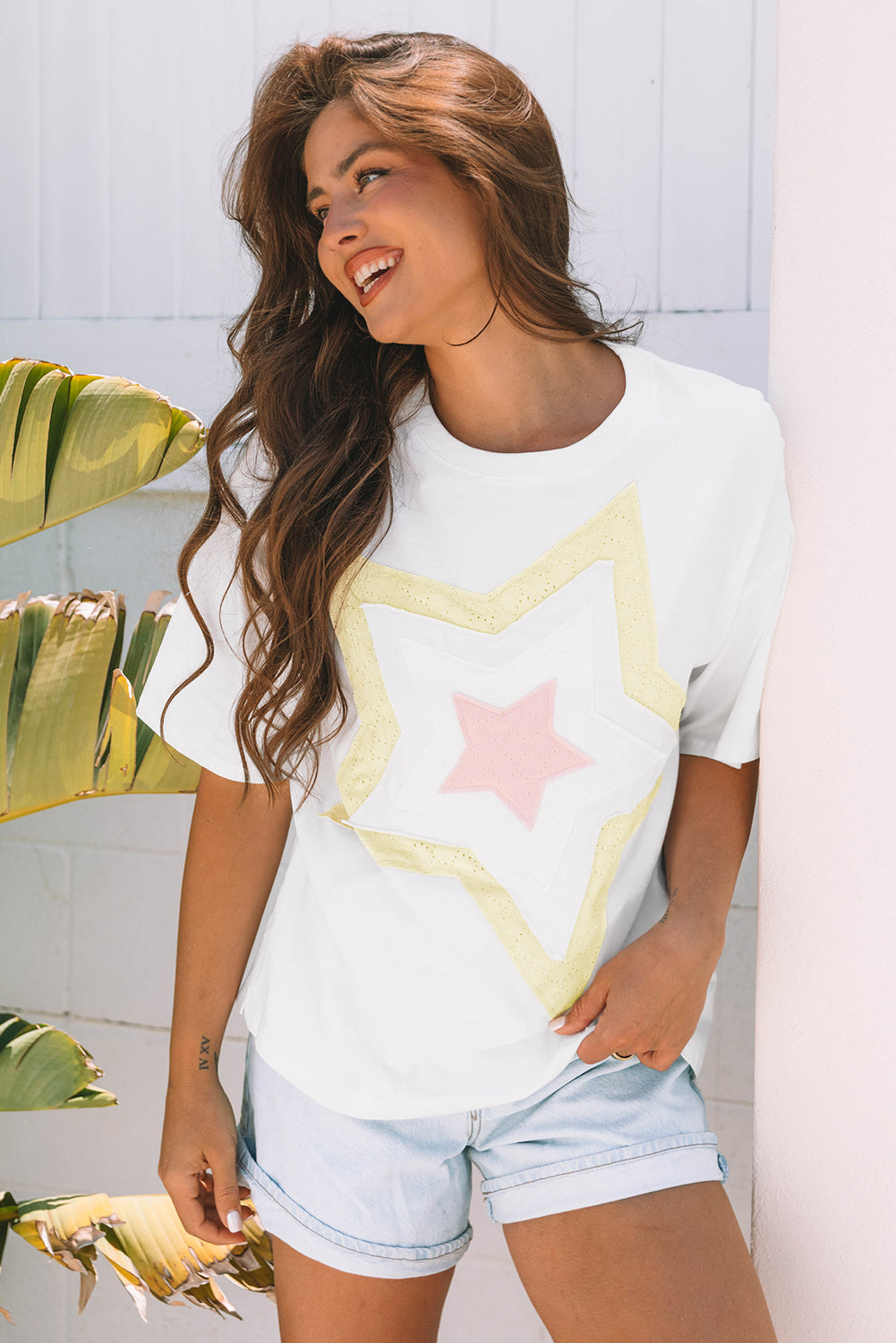White Star Layered Patched Graphic Drop Shoulder Half Sleeve Loose Tee-Tops/Tops & Tees-[Adult]-[Female]-2022 Online Blue Zone Planet