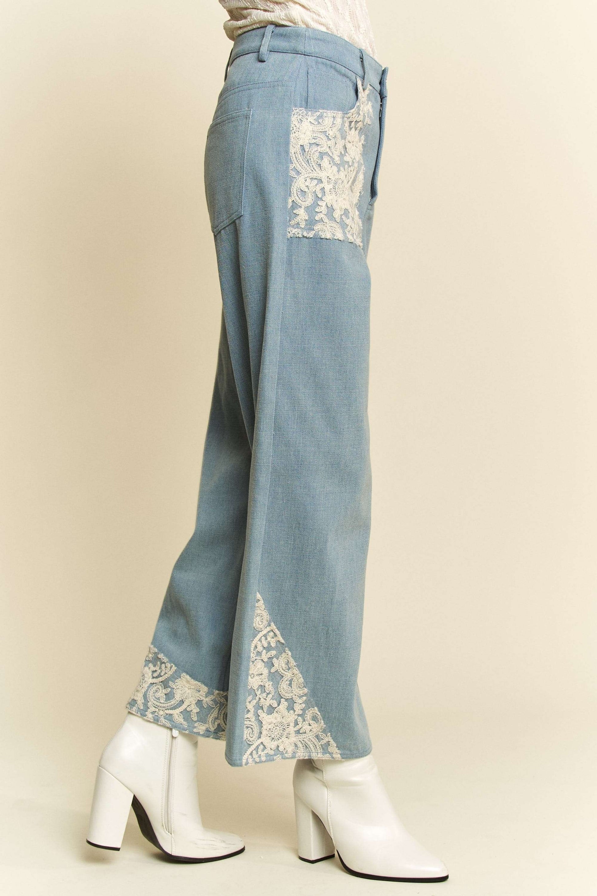 Davi & Dani Lace Applique Wide Leg Jeans-BOTTOMS-[Adult]-[Female]-2022 Online Blue Zone Planet