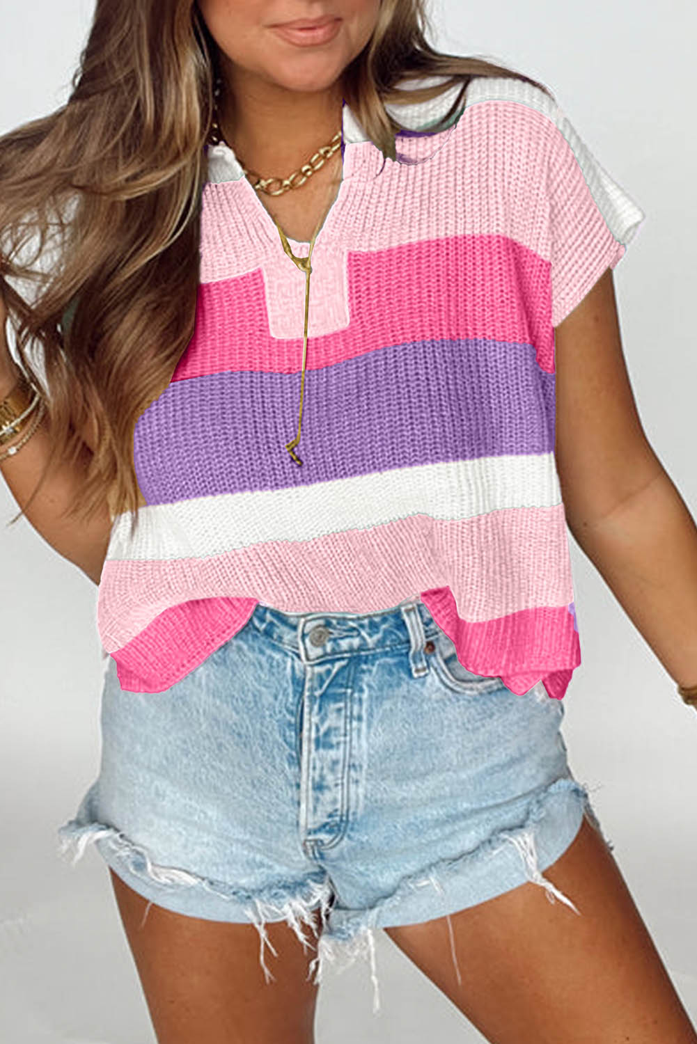 Pink Color Block Notch V Neck Sweater T Shirt-TOPS / DRESSES-[Adult]-[Female]-2022 Online Blue Zone Planet