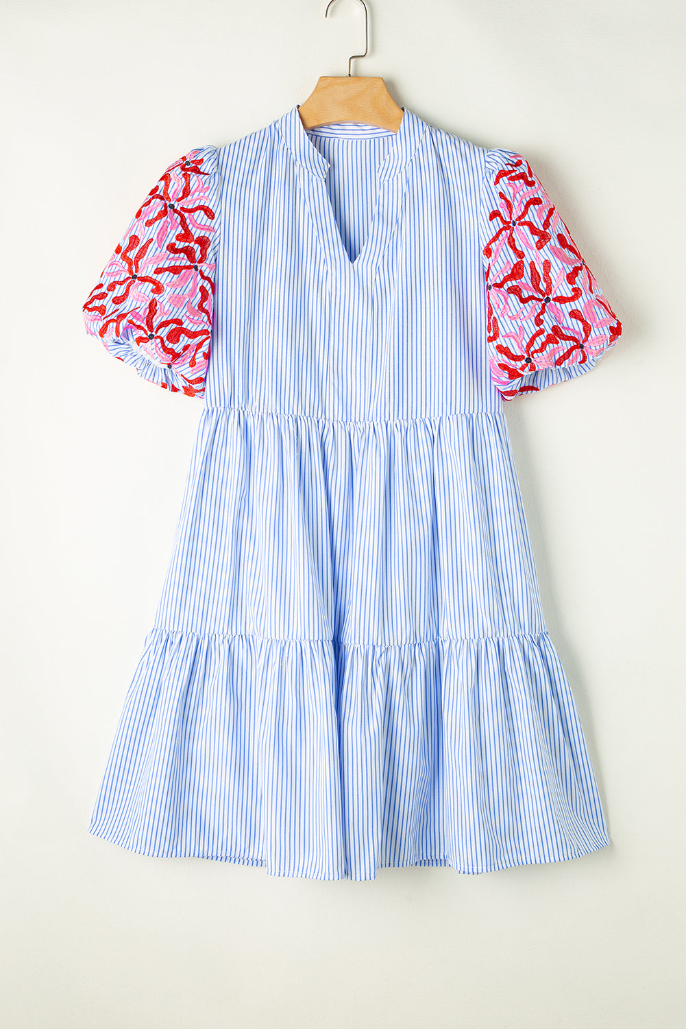 Blue Zone Planet | Sky Blue Stripe Contrast Floral Puff Sleeve Tiered Ruffle Dress-TOPS / DRESSES-[Adult]-[Female]-2022 Online Blue Zone Planet