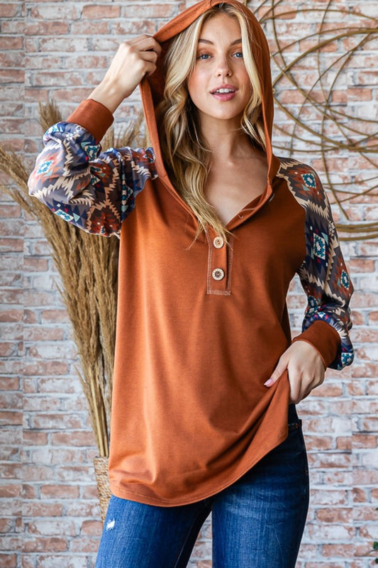 Heimish Full Size Half Button Printed Long Sleeve Hooded Top-TOPS / DRESSES-[Adult]-[Female]-Mocha Brown-S-2022 Online Blue Zone Planet