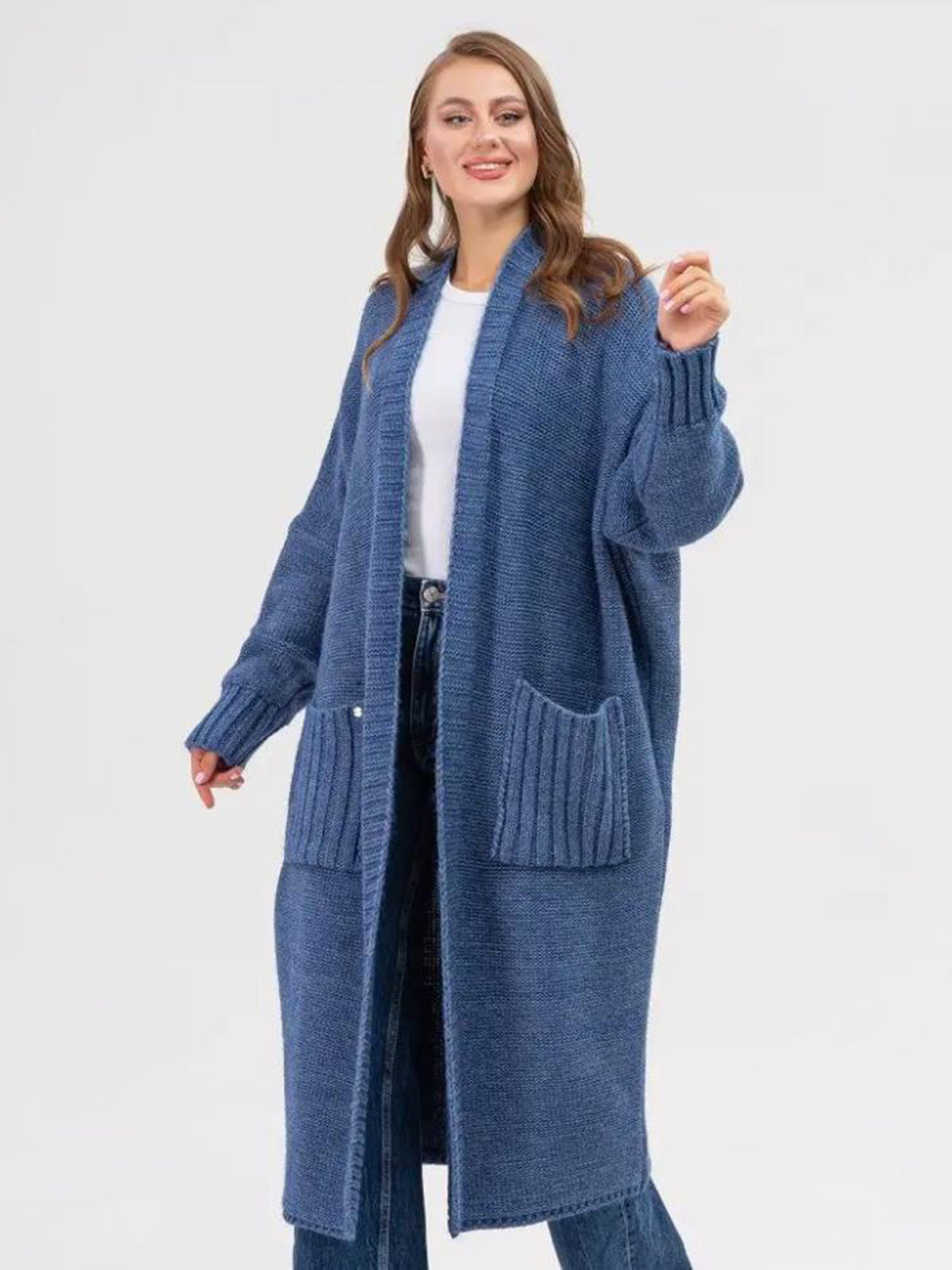 Pocketed Open Front Long Sleeve Longline Cardigan-TOPS / DRESSES-[Adult]-[Female]-2022 Online Blue Zone Planet