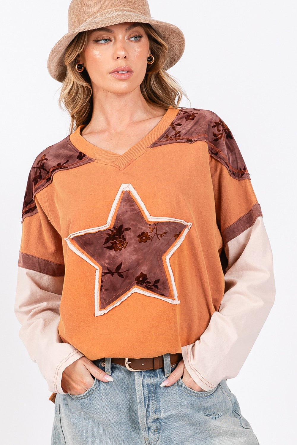 SAGE + FIG Star Patch Long Sleeve Color Block T-Shirt-TOPS / DRESSES-[Adult]-[Female]-Rust-S-2022 Online Blue Zone Planet