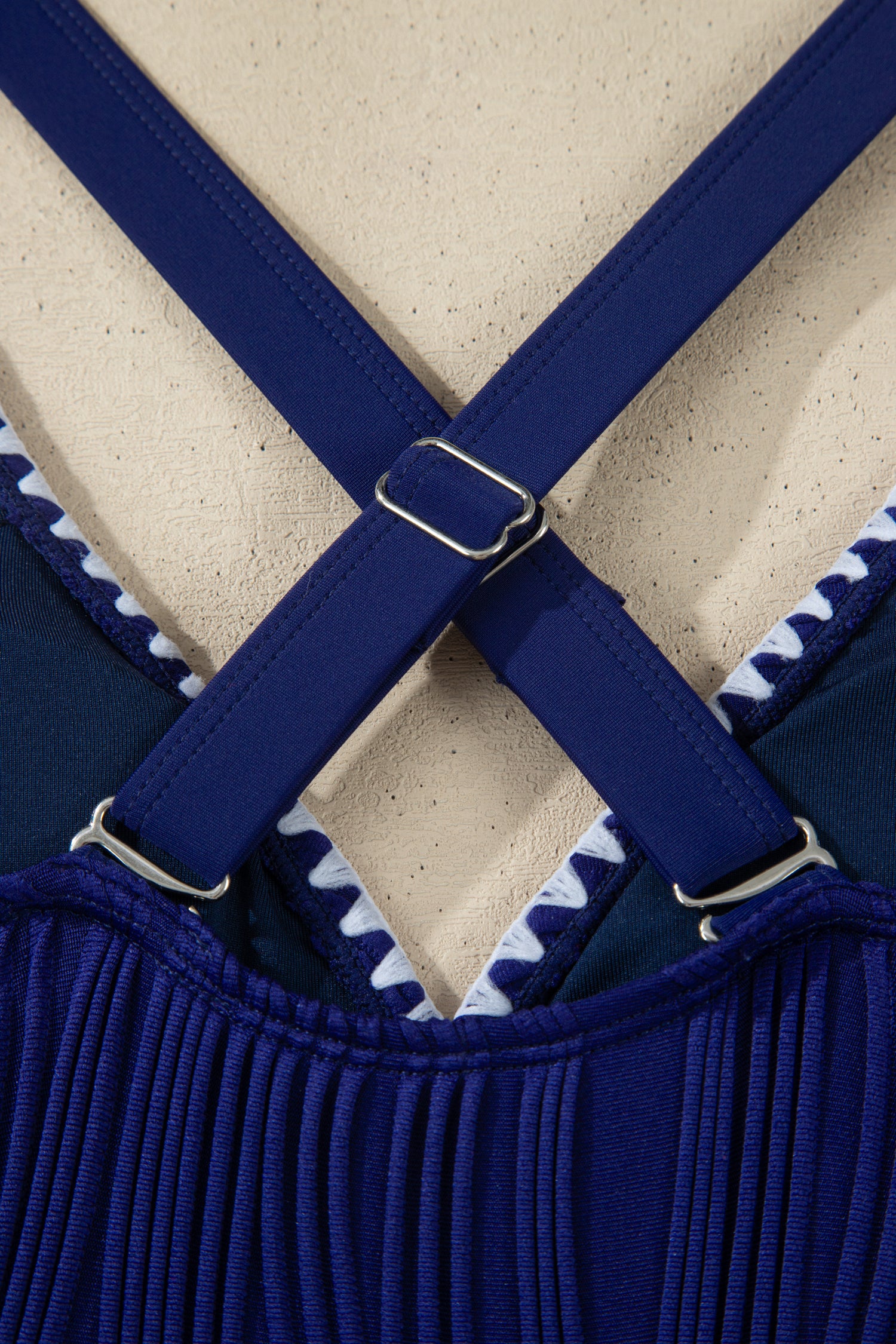 Dark Blue Shell Stitched Trim V Neck Textured Mix and Match High Waist Bikinis-Swimwear/Bikinis-[Adult]-[Female]-2022 Online Blue Zone Planet