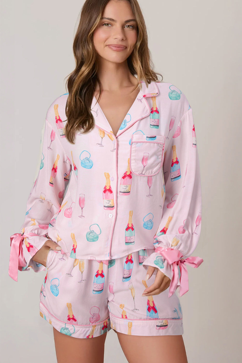 Color black Christmas Wine Glass Print Bow Knot Two Piece Pajama Set-Loungewear & Sleepwear/Sleepwear-[Adult]-[Female]-2022 Online Blue Zone Planet