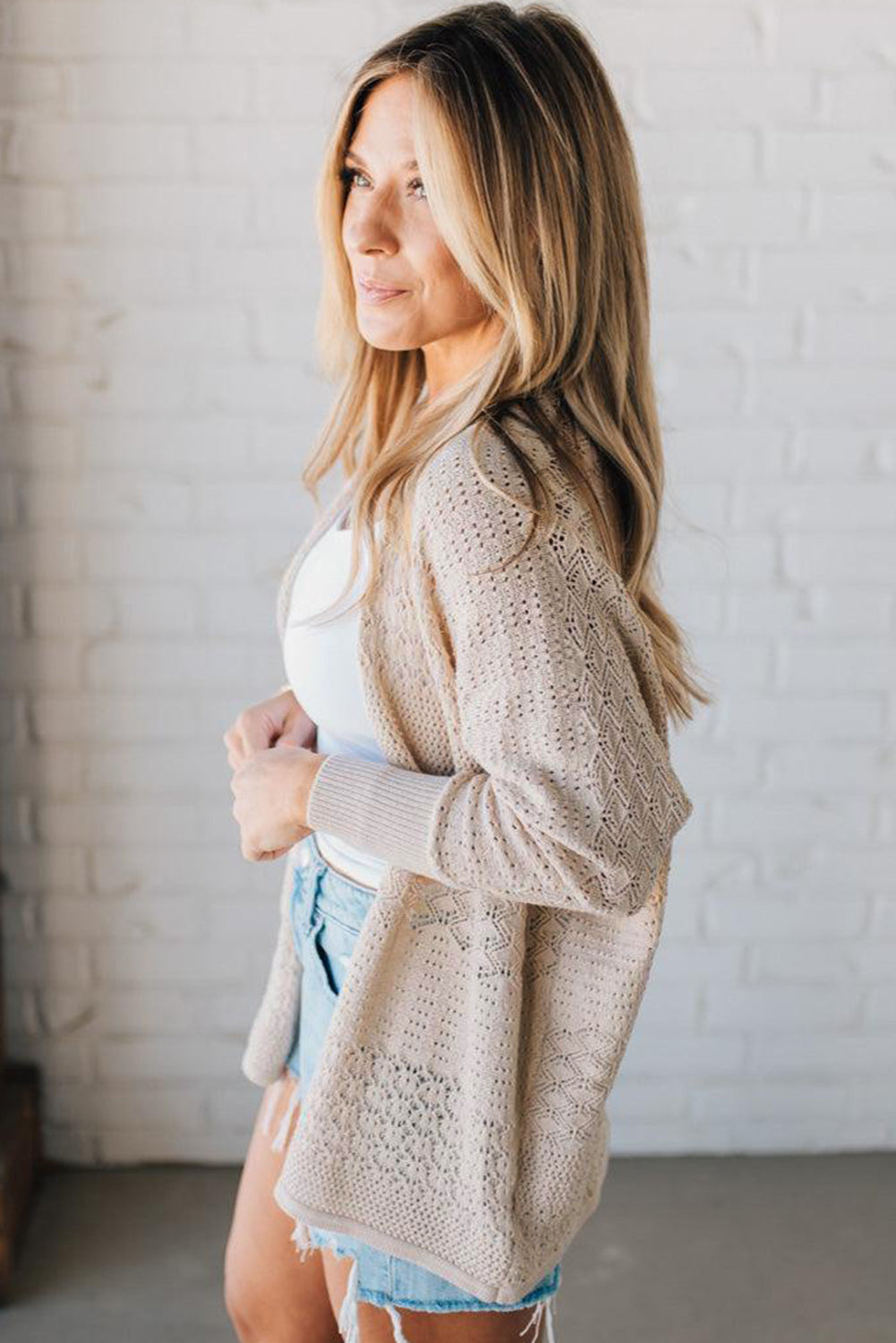 Lapis Mix Pattern Hollowed Knit Open Front Cardigan-Sweaters & Cardigans/Cardigans-[Adult]-[Female]-2022 Online Blue Zone Planet