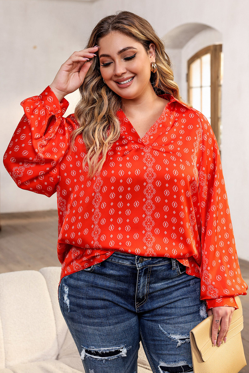 Plus Size Printed Johnny Collar Long Sleeve Blouse-TOPS / DRESSES-[Adult]-[Female]-2022 Online Blue Zone Planet