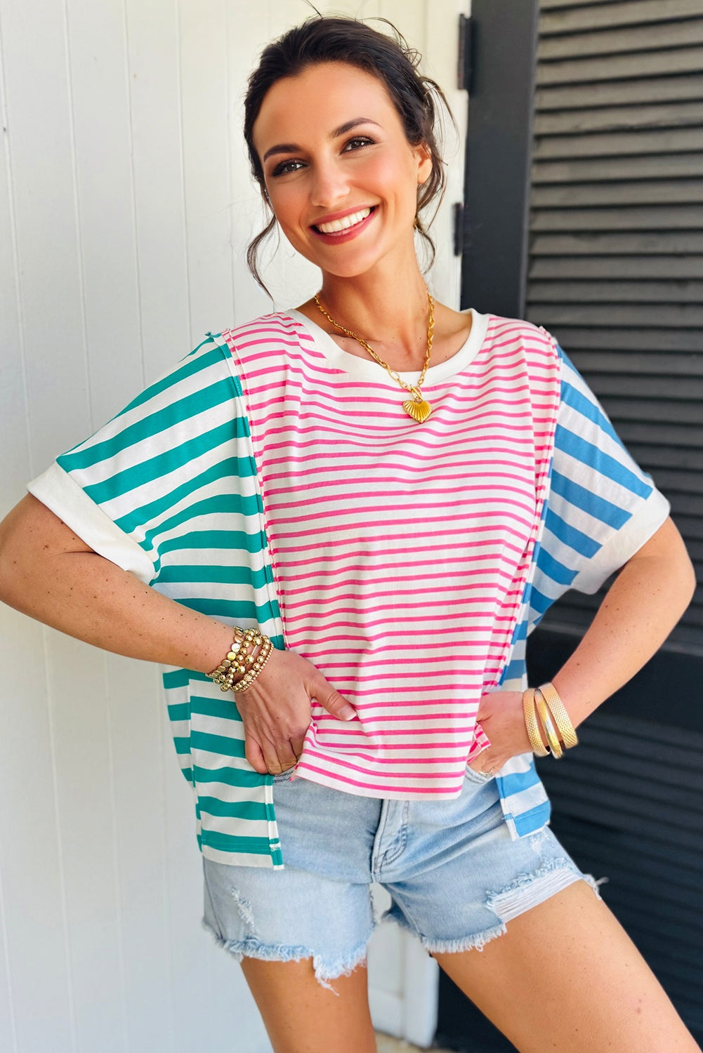 Pink Stripe Mixed Pattern Patchwork Uneven Hem Loose Tee-Tops/Tops & Tees-[Adult]-[Female]-2022 Online Blue Zone Planet
