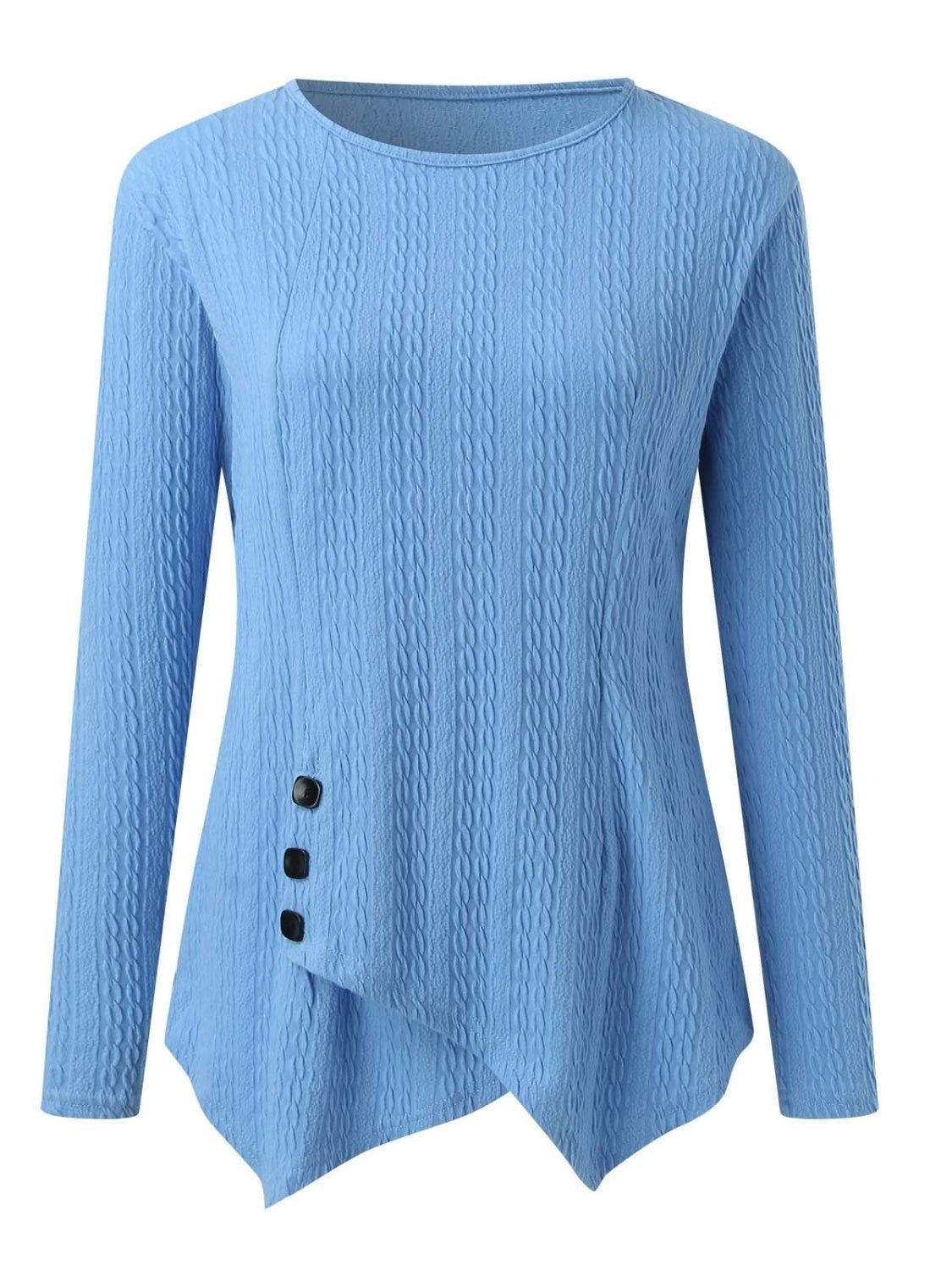 Decorative Button Round Neck Long Sleeve Top-TOPS / DRESSES-[Adult]-[Female]-2022 Online Blue Zone Planet