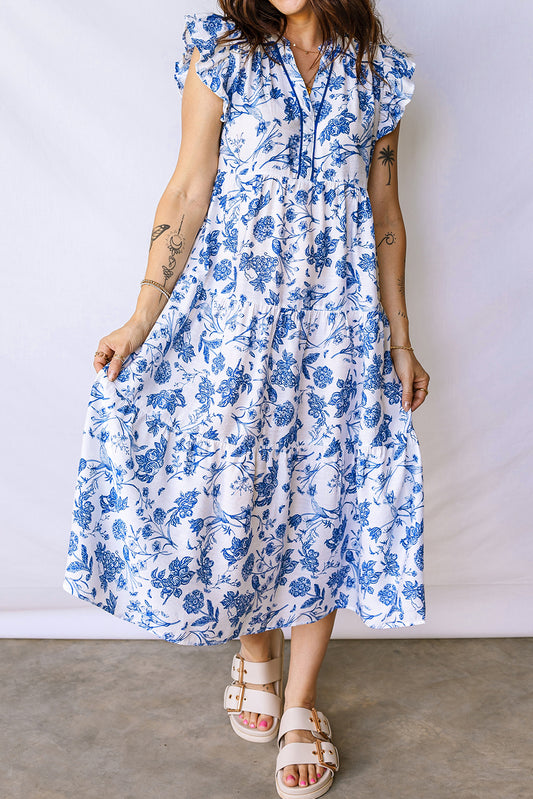 Blue Ruffled Short Sleeve Tiered Floral Midi Dress-Dresses/Floral Dresses-[Adult]-[Female]-Blue-S-2022 Online Blue Zone Planet