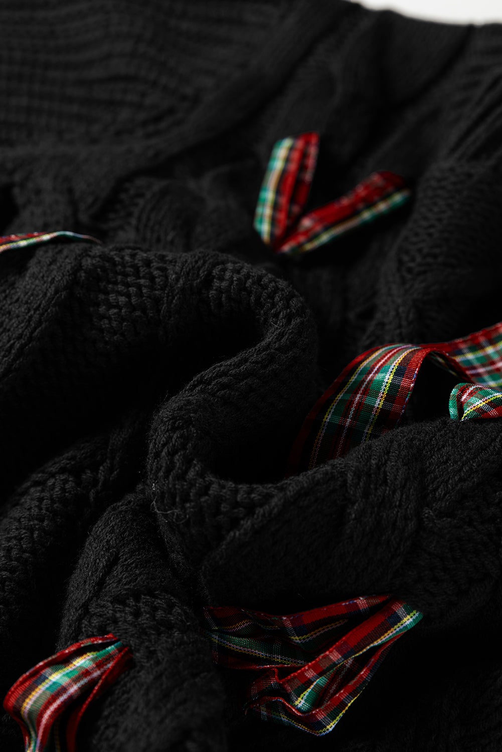 Black Plaid Lace up Detail Christmas Holiday Puff Short Sleeve Sweater-Sweaters & Cardigans/Short Sleeve Sweaters-[Adult]-[Female]-2022 Online Blue Zone Planet