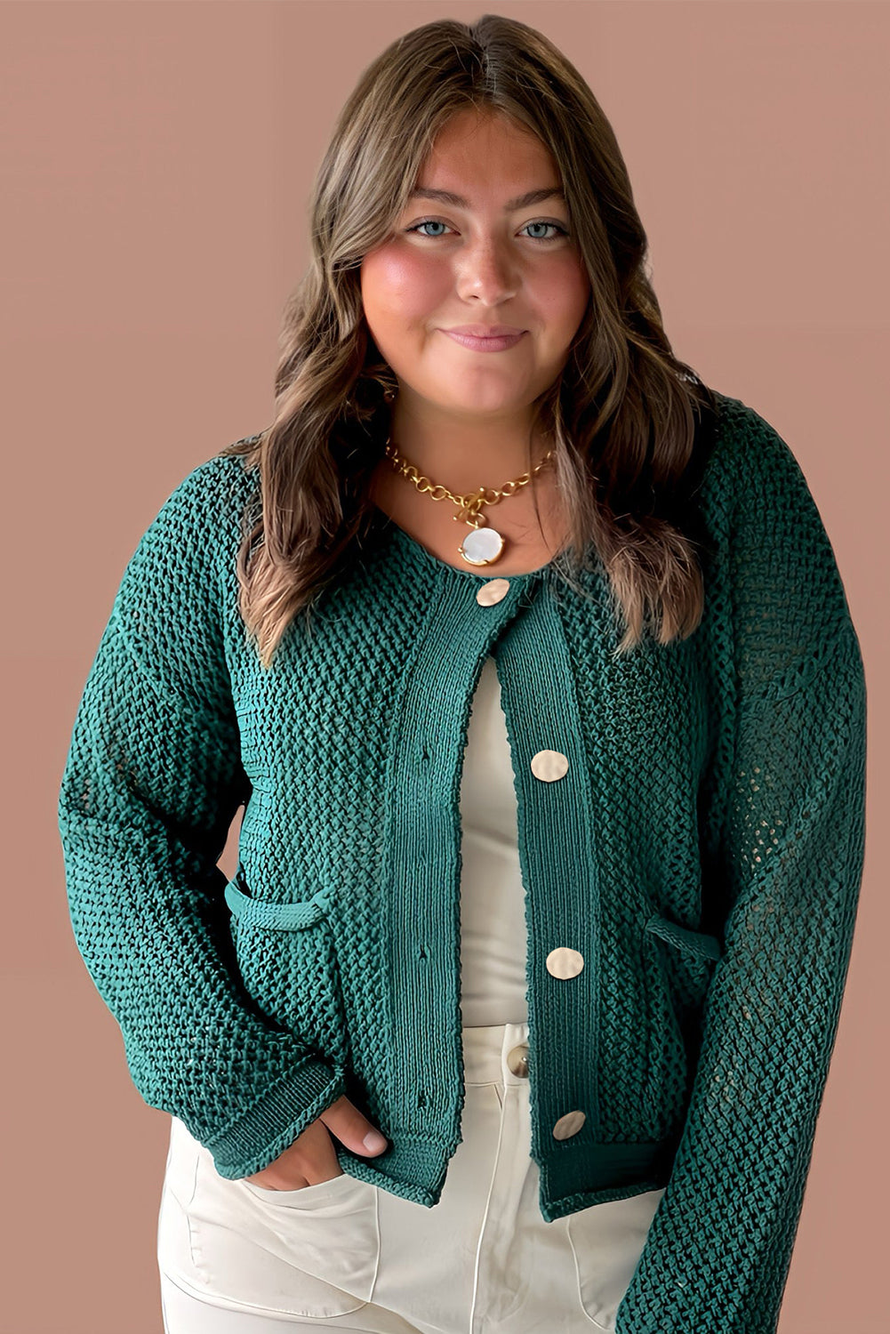Blackish Green Plus Size Golden Accent Buttons Short Sweater Cardigan-Plus Size/Plus Size Sweaters & Cardigans-[Adult]-[Female]-2022 Online Blue Zone Planet