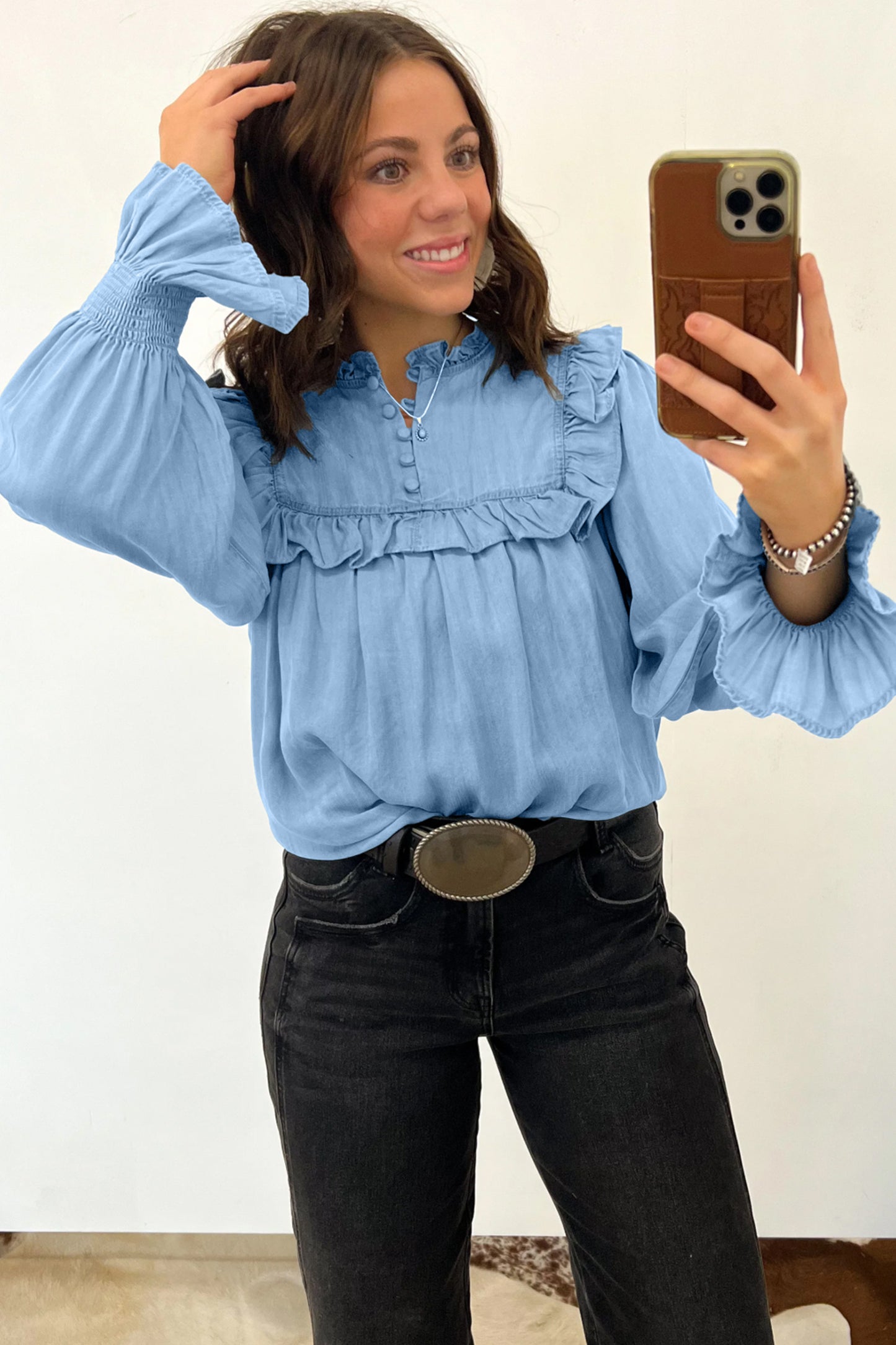 Beau Blue Western Ruffle V Neck Long Sleeve Chambray Blouse-Tops/Blouses & Shirts-[Adult]-[Female]-2022 Online Blue Zone Planet
