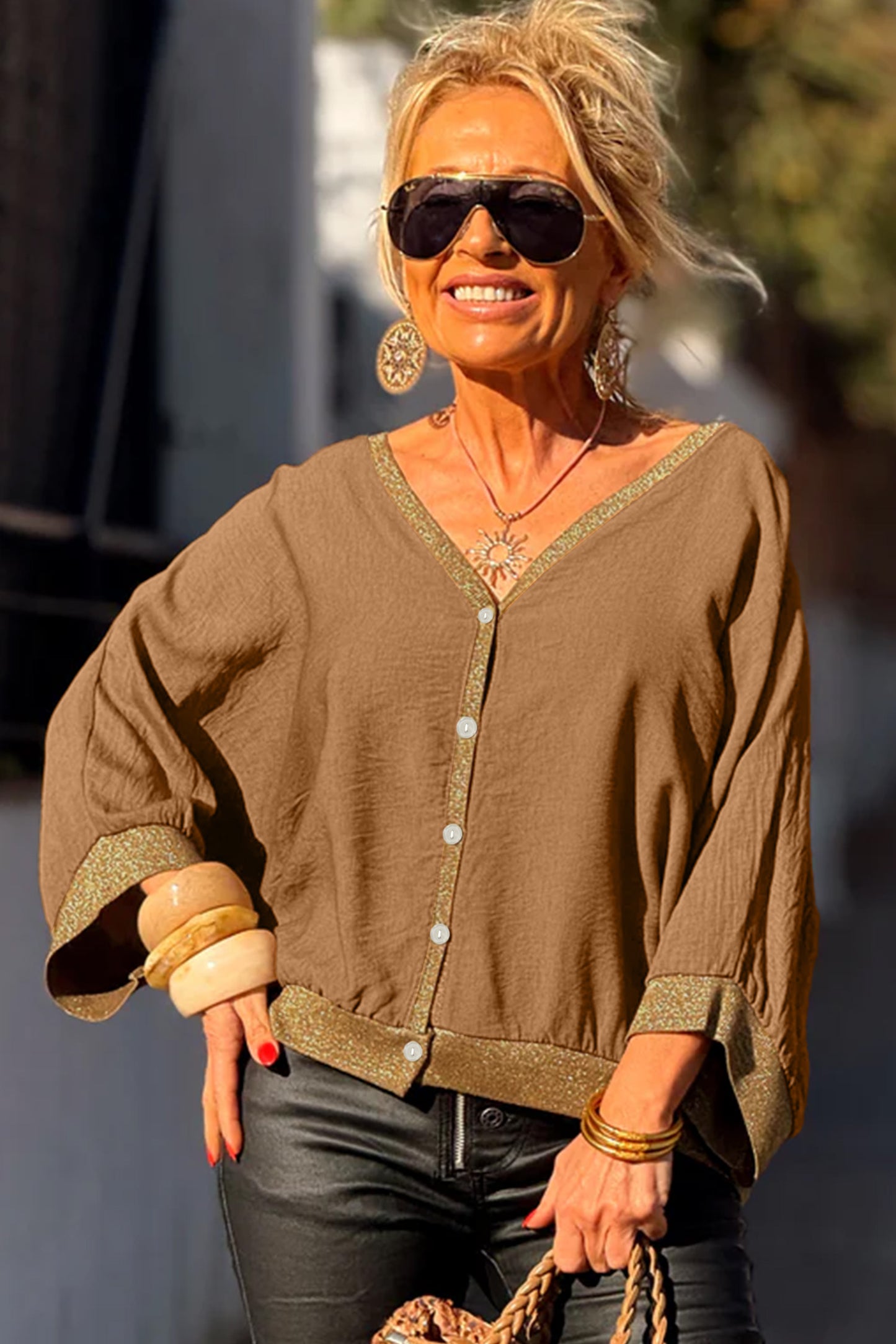 Brown V Neck Glitter Trim Patchwork Button-Front Blouse-Tops/Blouses & Shirts-[Adult]-[Female]-2022 Online Blue Zone Planet