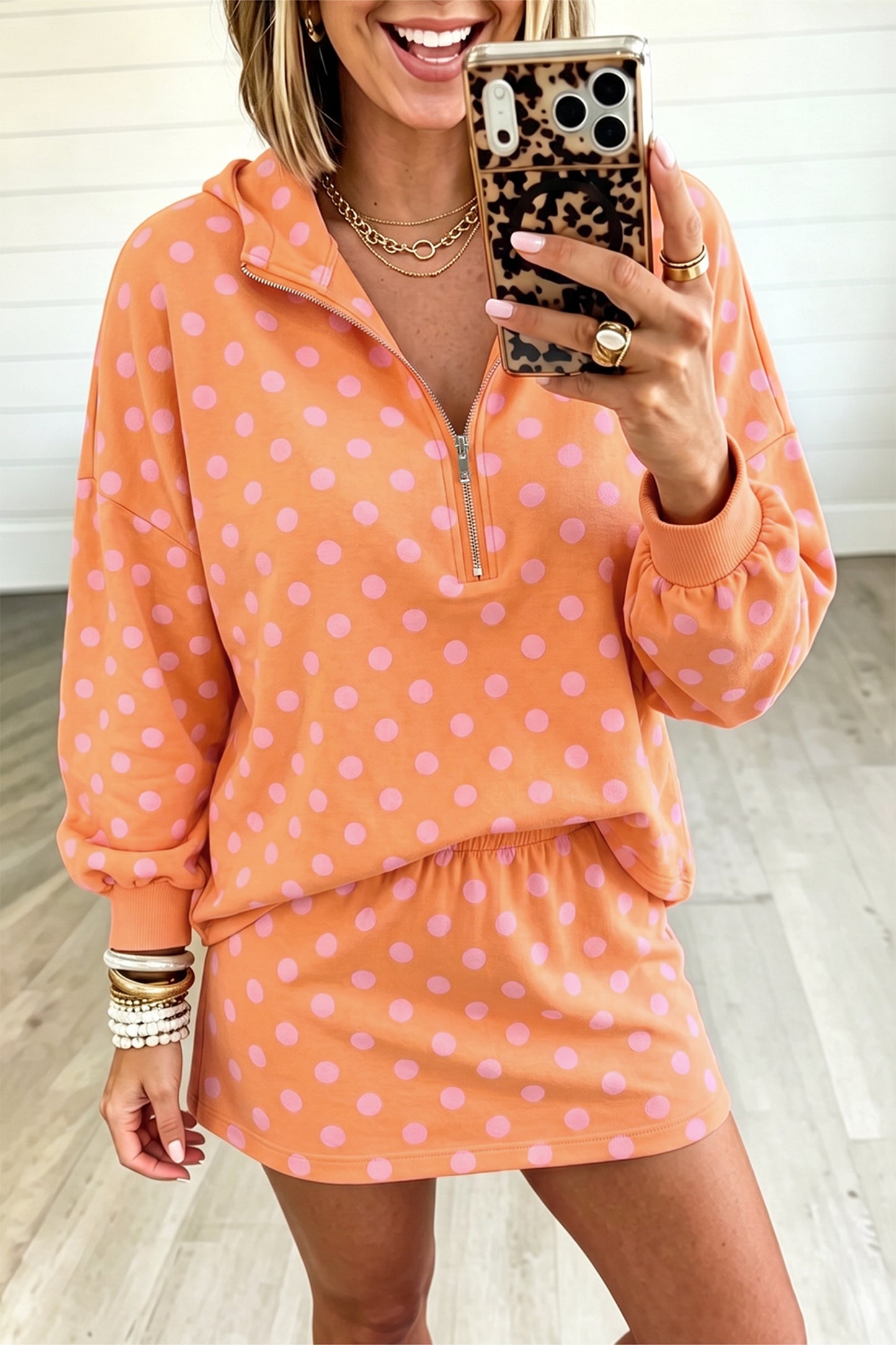 Khaki Polka Dot Hooded Long Sleeve Top Casual Mini Skort Set