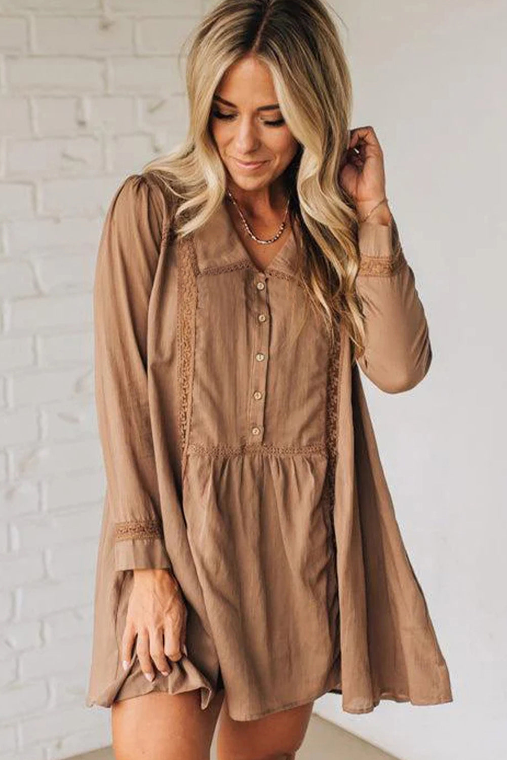 Straw Yellow Lace Trim Peter Pan Collar Long Sleeve Mini Shirt Dress-TOPS / DRESSES-[Adult]-[Female]-2022 Online Blue Zone Planet