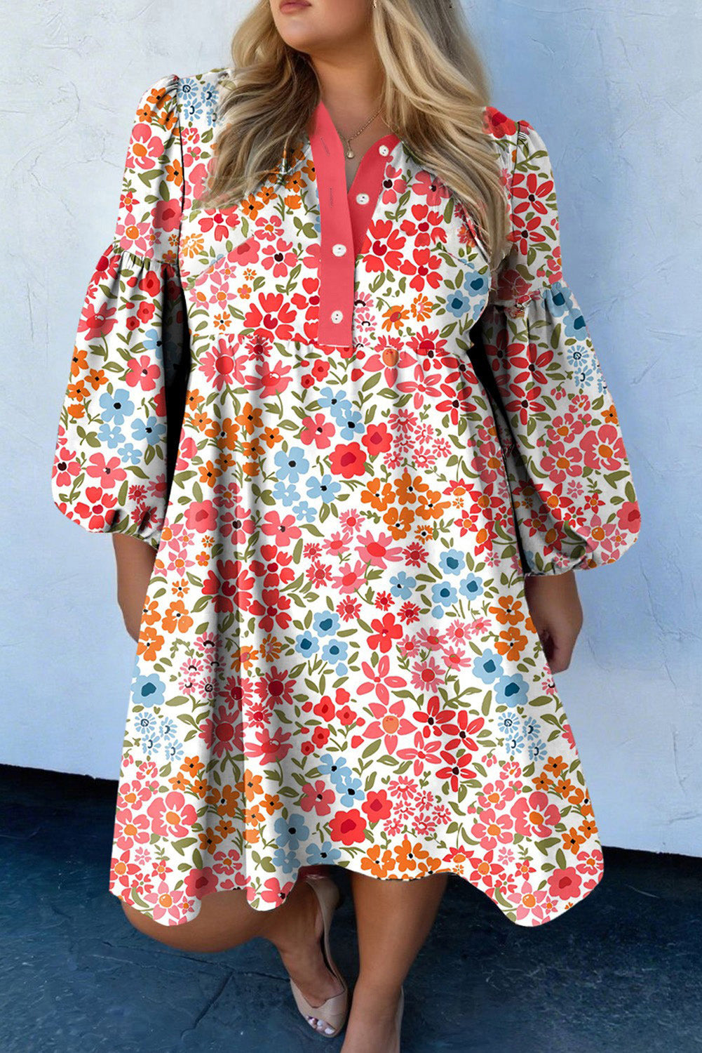 Pink Plus Size Button V Neck Leopard Print Puff Sleeve Loose Mini Dress-TOPS / DRESSES-[Adult]-[Female]-Pink-1X-2022 Online Blue Zone Planet