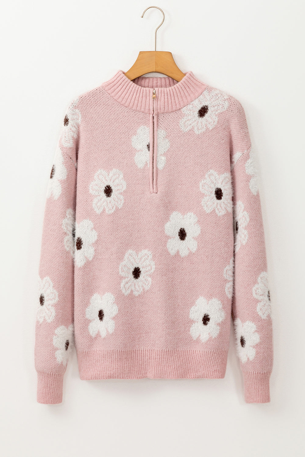 Pink Floral Pattern Half Zip Drop Shoulder Sweater-Sweaters & Cardigans/Sweaters-[Adult]-[Female]-2022 Online Blue Zone Planet