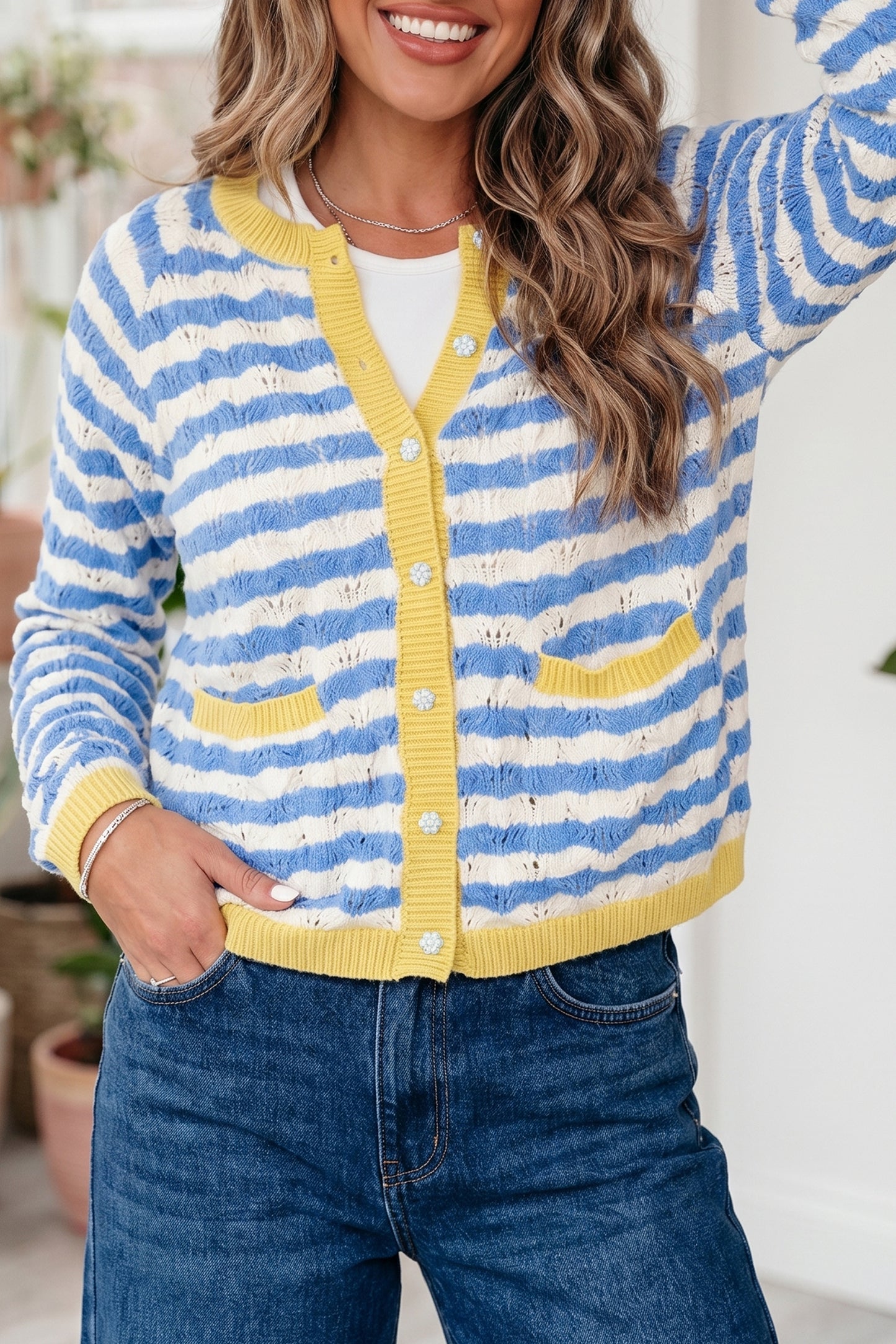 Sky Blue Stripe Striped Colorblock Button Front Long Sleeve Loose Fit Knit Cardigan