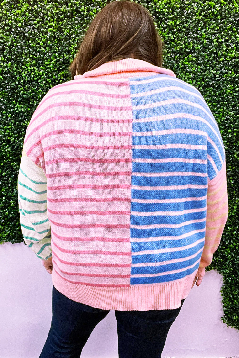 Sky Blue Stripe Colorblock Patchwork Plus Size Half Zip Sweater-Plus Size/Plus Size Sweaters & Cardigans-[Adult]-[Female]-2022 Online Blue Zone Planet