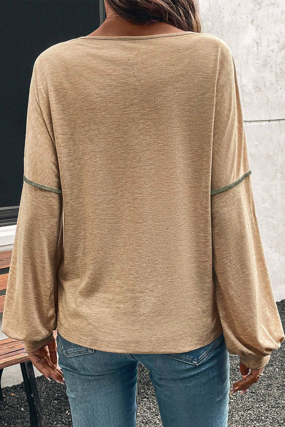 Jungle Green Exposed Stitching Colorblock V Neck Long Sleeve Top-Tops/Long Sleeve Tops-[Adult]-[Female]-2022 Online Blue Zone Planet