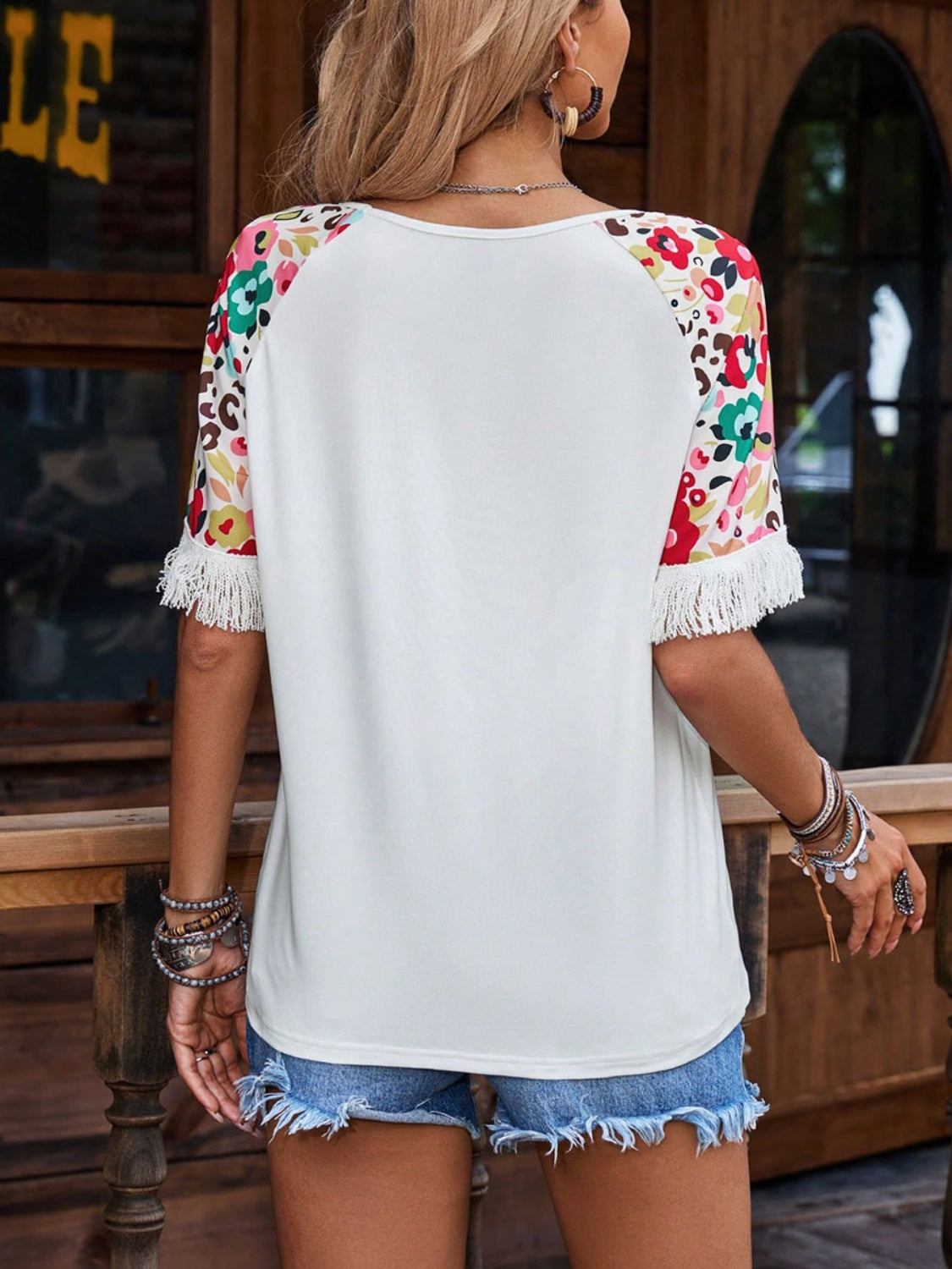 Fringe Round Neck Floral Half Sleeve T-Shirt-TOPS / DRESSES-[Adult]-[Female]-2022 Online Blue Zone Planet