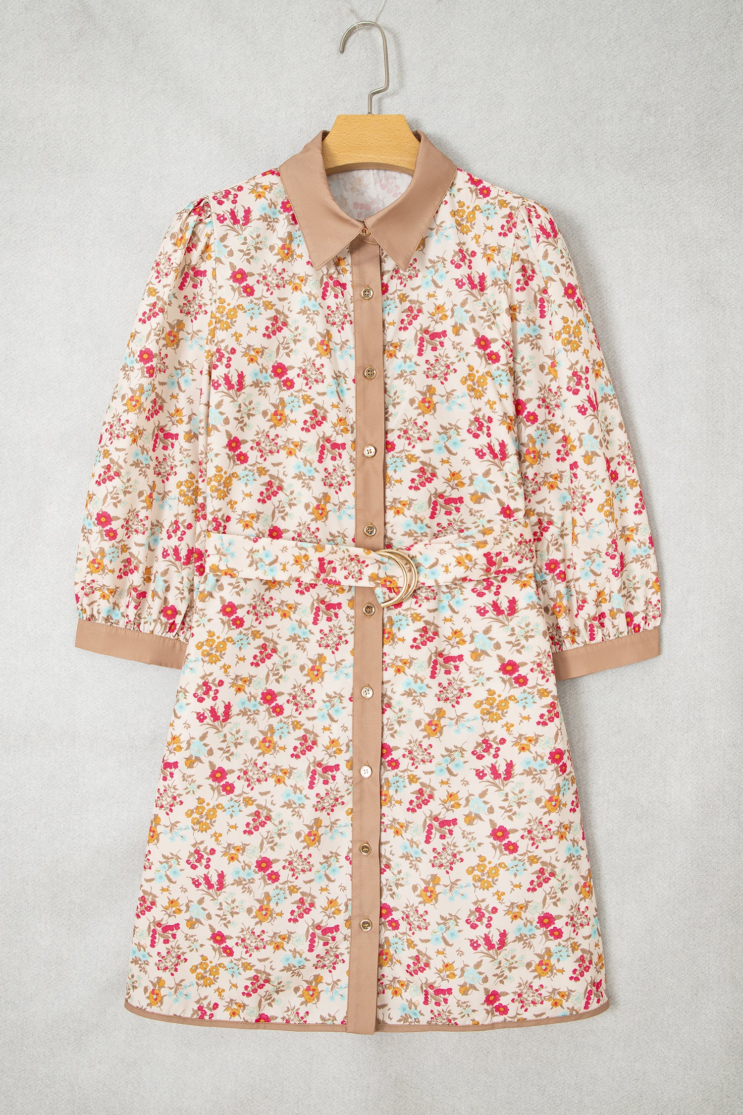 Orange Floral Print Color Block Trim Button Down 3/4 Sleeve Belted Mini Dress-TOPS / DRESSES-[Adult]-[Female]-2022 Online Blue Zone Planet