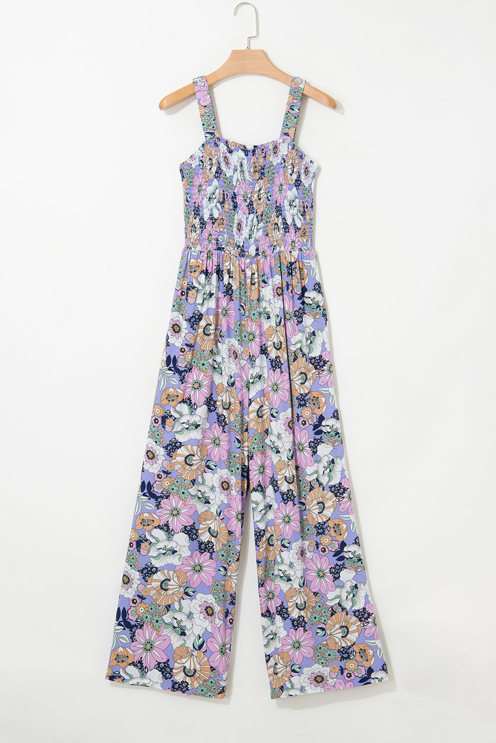 Purple Floral Print Smocked High Waist Square Neck Jumpsuit-Bottoms/Jumpsuits & Rompers-[Adult]-[Female]-2022 Online Blue Zone Planet