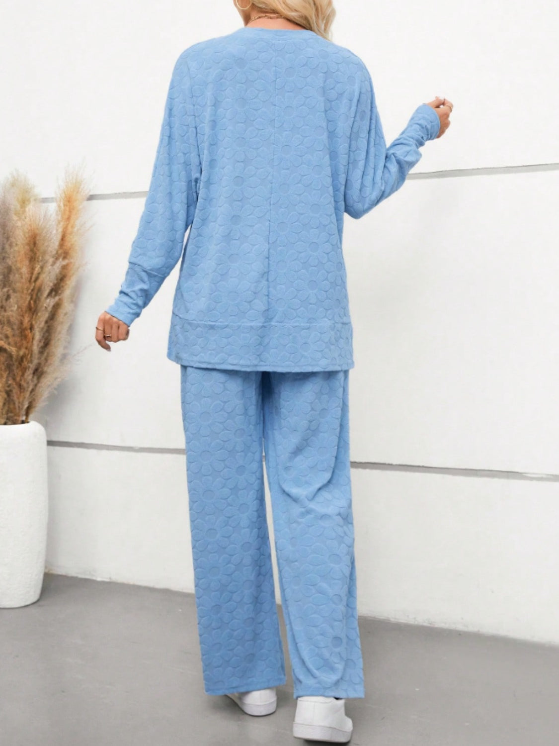 Flower V-Neck Long Sleeve Top and Pants Set-TOPS / DRESSES-[Adult]-[Female]-2022 Online Blue Zone Planet