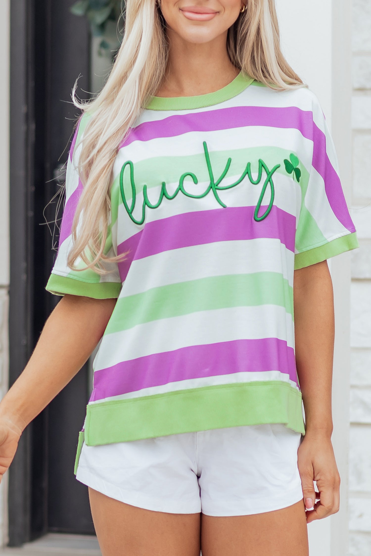 Green Stripe Lucky Clover Embroidered Graphic Dolman Loose Tee-Tops/Tops & Tees-[Adult]-[Female]-2022 Online Blue Zone Planet
