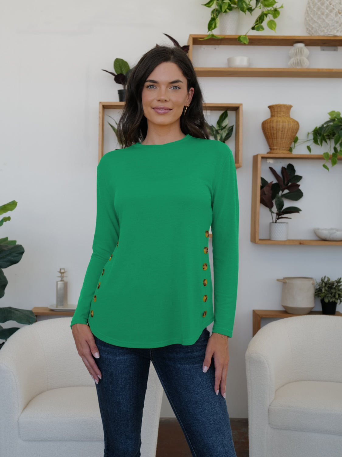 Round Neck Long Sleeve T-Shirt-TOPS / DRESSES-[Adult]-[Female]-Green-S-2022 Online Blue Zone Planet