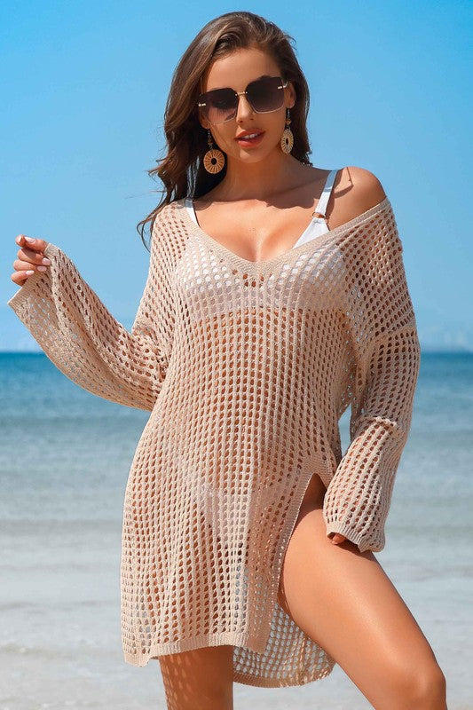 Crochet Side Split Beach Coverups Swimwear Dress-[Adult]-[Female]-2022 Online Blue Zone Planet