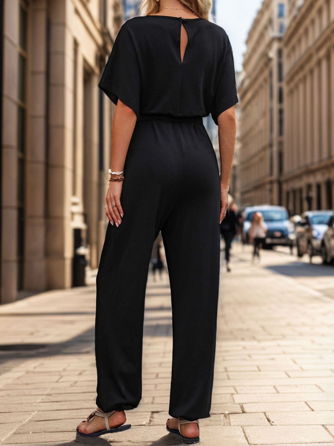 Notched Half Sleeve Straight Jumpsuit-TOPS / DRESSES-[Adult]-[Female]-2022 Online Blue Zone Planet