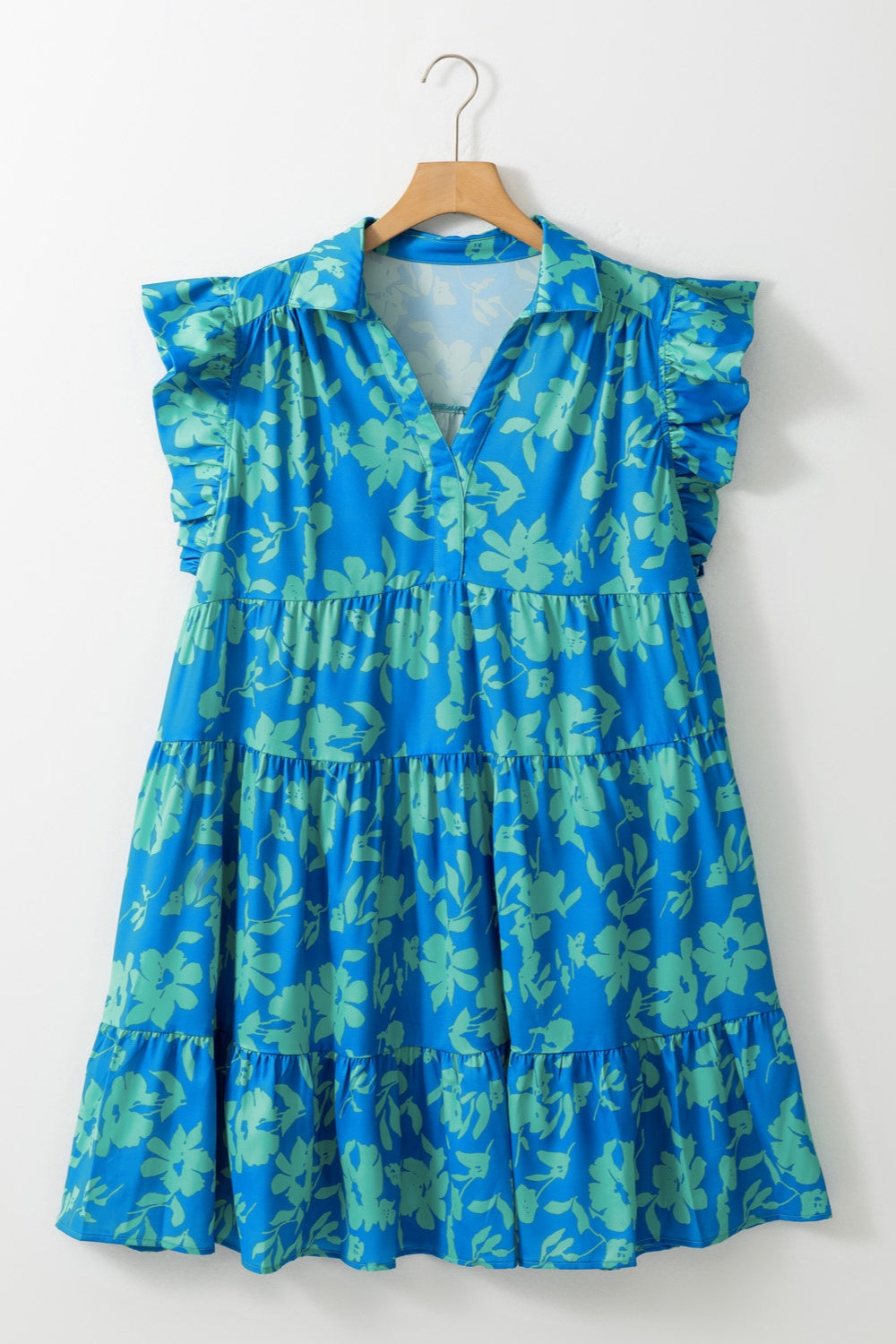 Plus Size Ruffled Printed Cap Sleeve Mini Dress-TOPS / DRESSES-[Adult]-[Female]-Sky Blue-1XL-2022 Online Blue Zone Planet