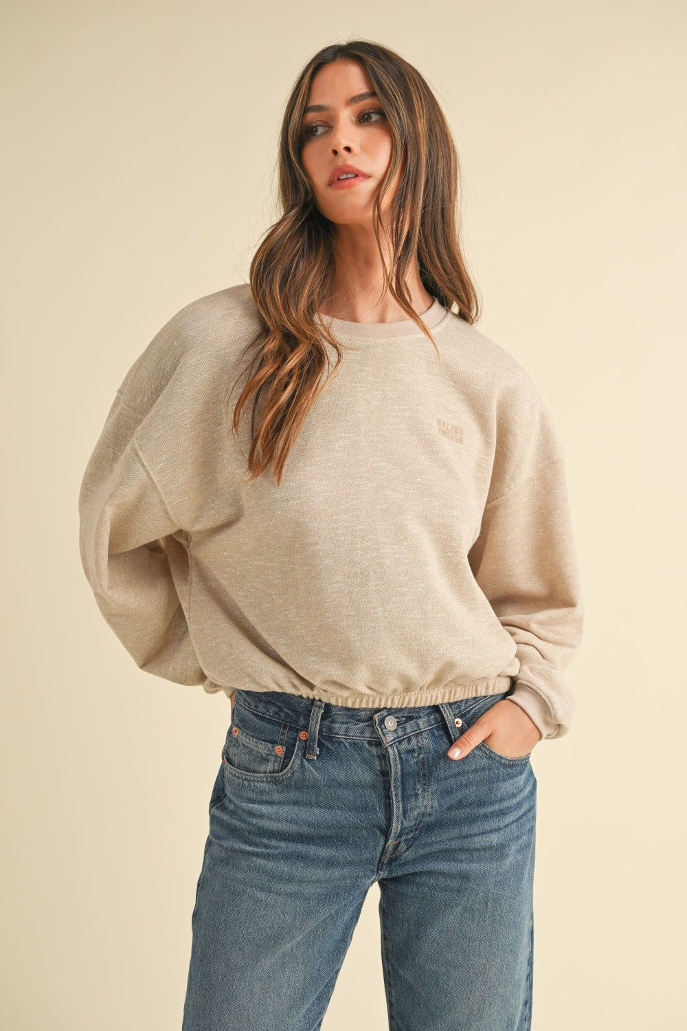 Mable Round Neck Letter Embroidery Crop Sweatshirt-TOPS / DRESSES-[Adult]-[Female]-Taupe-S-2022 Online Blue Zone Planet