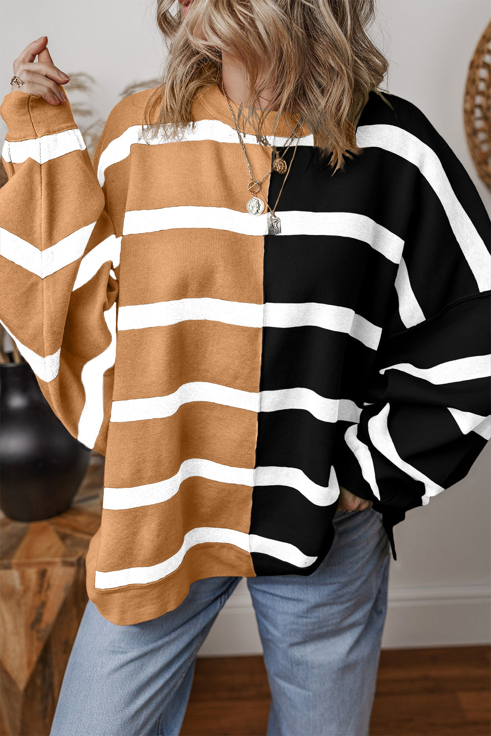 Blue Stripe Colorblock Oversized Sweater-TOPS / DRESSES-[Adult]-[Female]-Light French Beige-S-2022 Online Blue Zone Planet