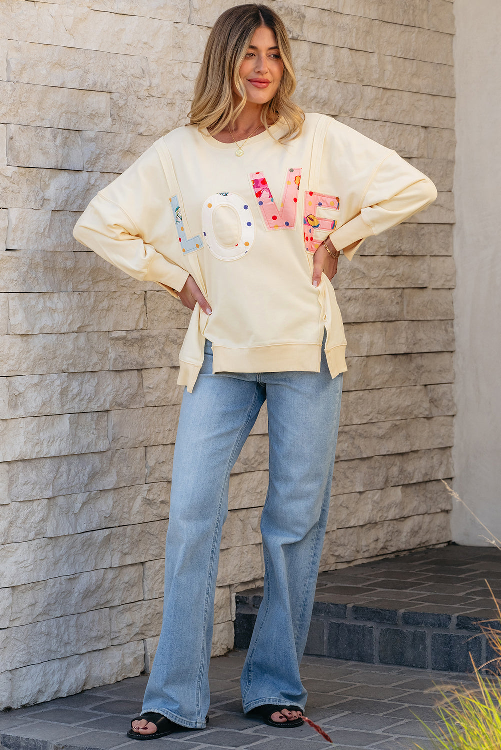 Blue Zone Planet | Apricot LOVE PATCH Graphic Oversized Sweatshirt-Tops/Sweatshirts & Hoodies-[Adult]-[Female]-2022 Online Blue Zone Planet