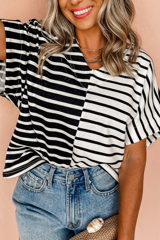Black Stripe Two Tone Colorblock V Neck T Shirt-Tops/Tops & Tees-[Adult]-[Female]-Black Stripe-S-2022 Online Blue Zone Planet