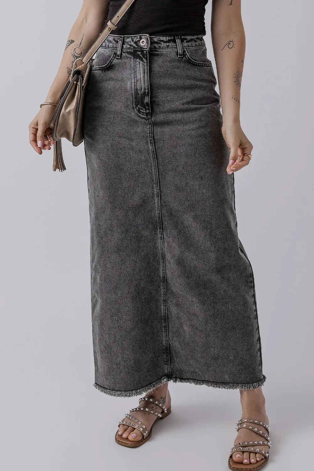 Raw Hem Midi Denim Skirt with Pockets-BOTTOMS SIZES SMALL MEDIUM LARGE-[Adult]-[Female]-2022 Online Blue Zone Planet