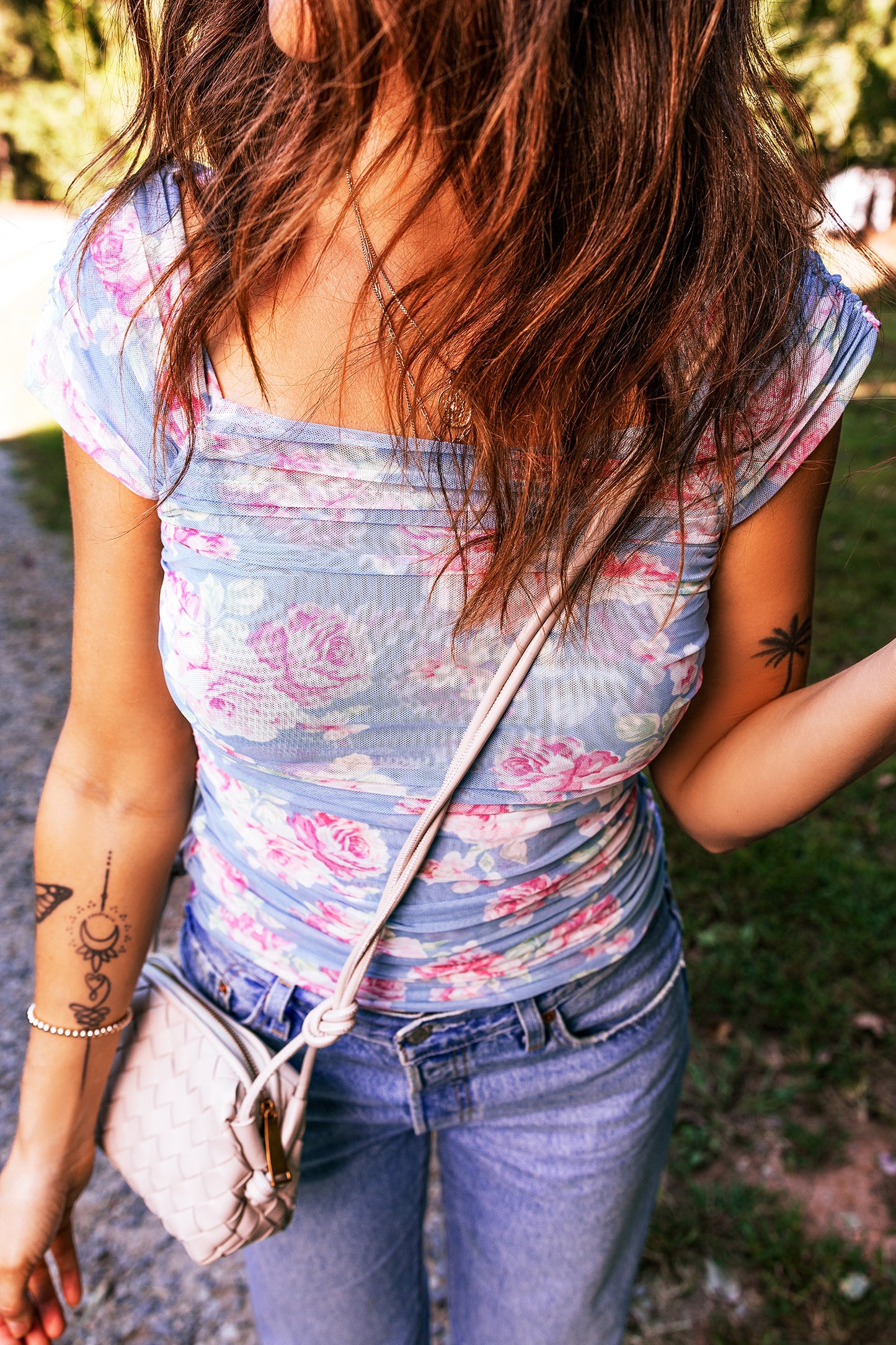 Sky Blue Square Neck Cap Sleeve Ruched Floral Mesh Top-Tops/Tops & Tees-[Adult]-[Female]-2022 Online Blue Zone Planet