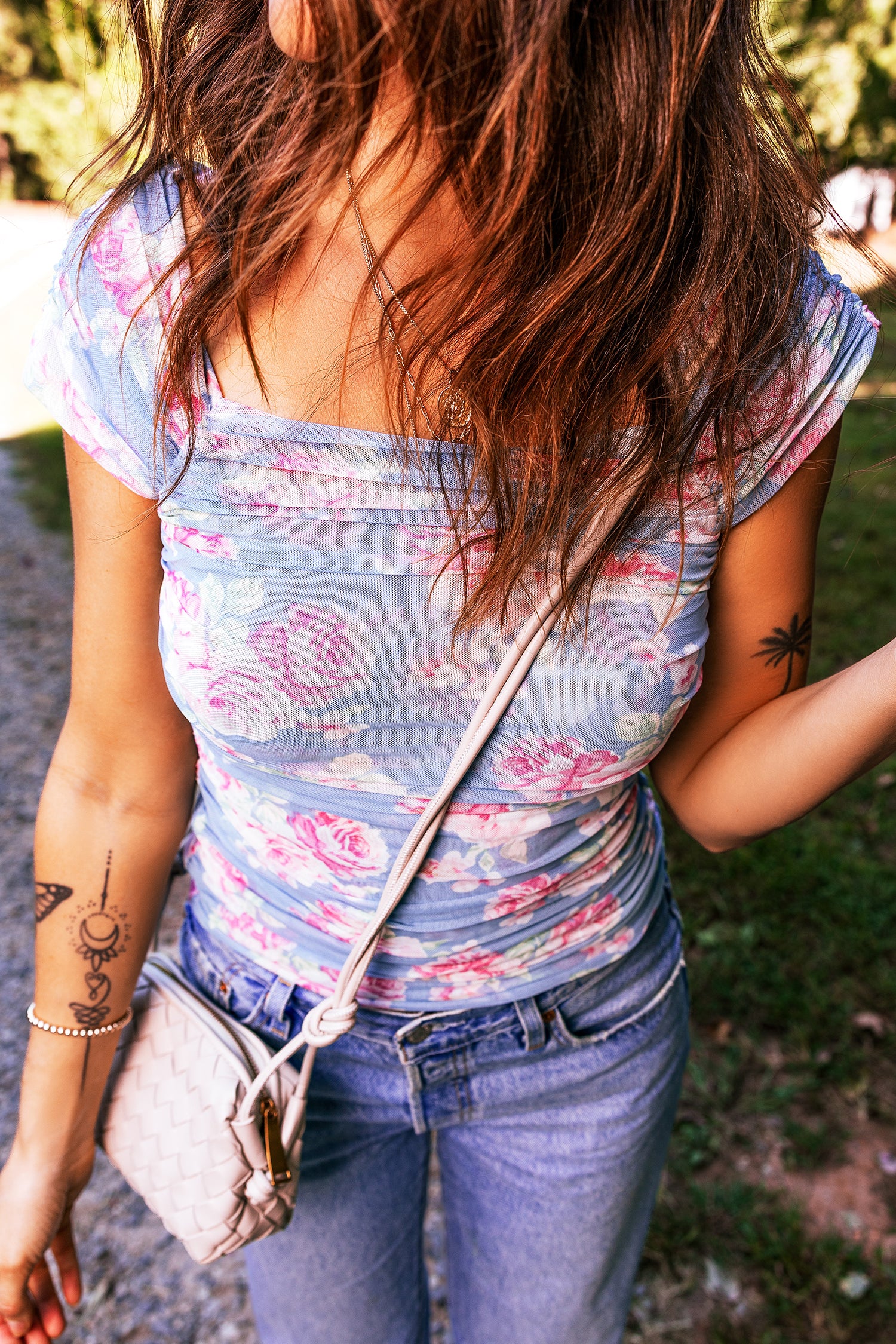 Sky Blue Square Neck Cap Sleeve Ruched Floral Mesh Top-Tops/Tops & Tees-[Adult]-[Female]-2022 Online Blue Zone Planet