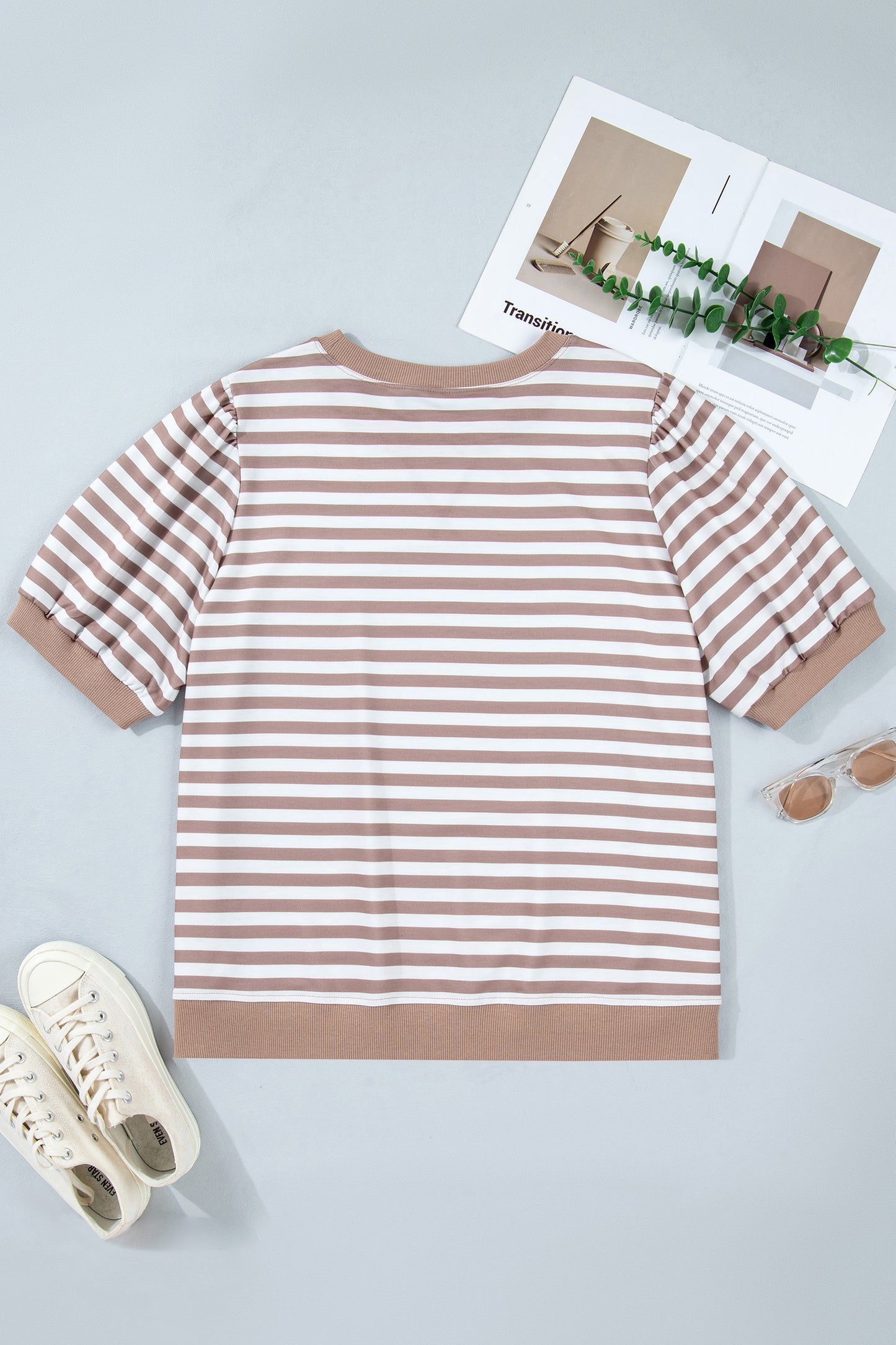 Orange Stripe Ribbed Trim Round Neck Short Puff Sleeve Plus T Shirt-Plus Size/Plus Size Tops-[Adult]-[Female]-2022 Online Blue Zone Planet