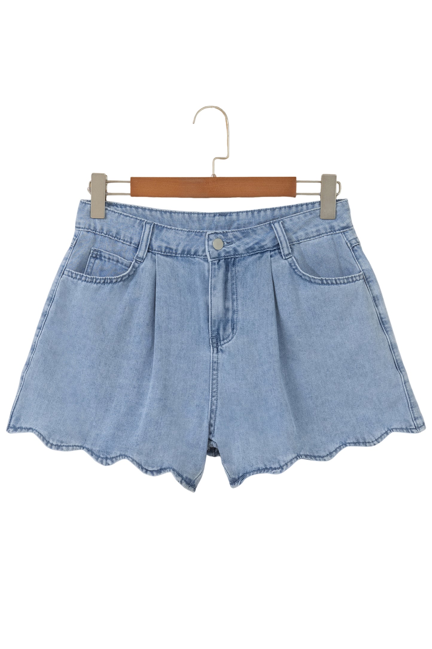 Myosotis Solid Color Scalloped Trim Casual Denim Shorts-Bottoms/Denim Shorts-[Adult]-[Female]-2022 Online Blue Zone Planet
