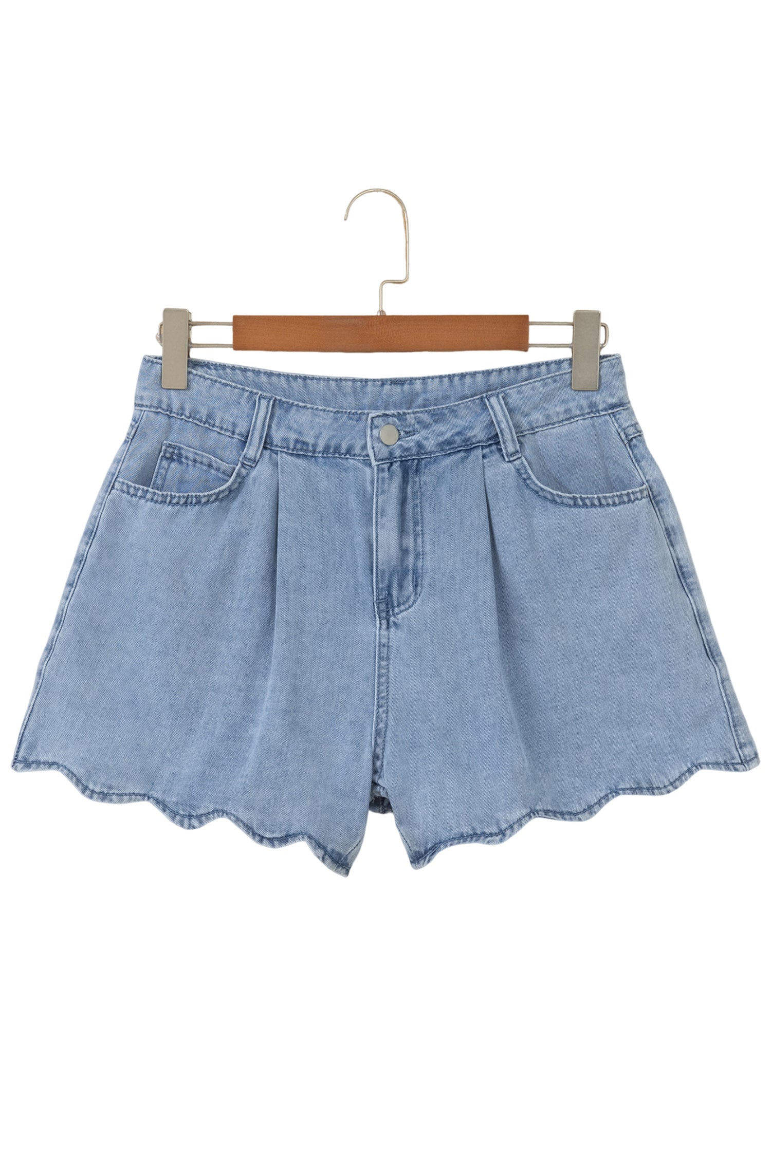 Myosotis Solid Color Scalloped Trim Casual Denim Shorts-Bottoms/Denim Shorts-[Adult]-[Female]-2022 Online Blue Zone Planet